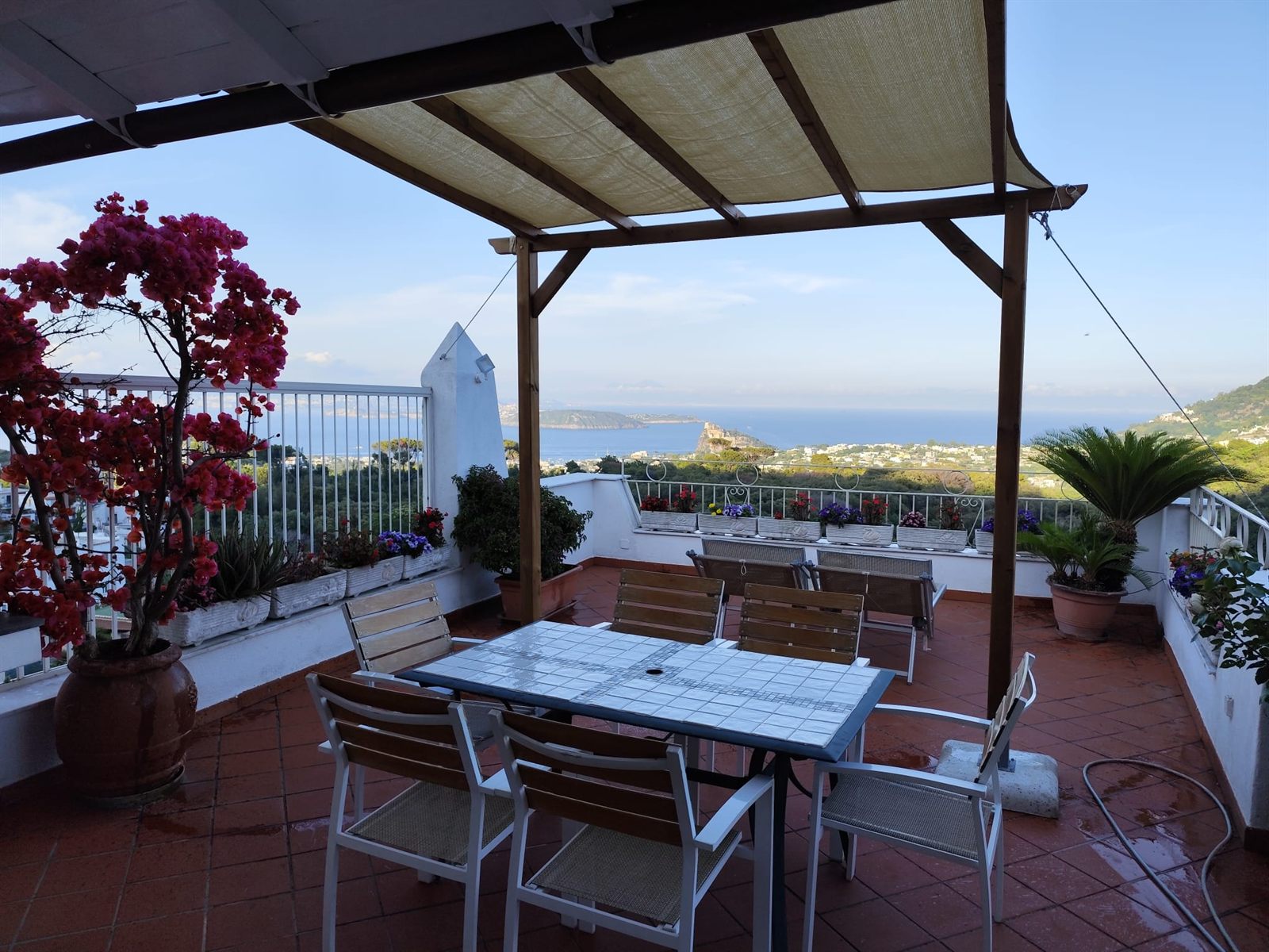Il terrazzo della Suite, con la pergola e la bouganville
